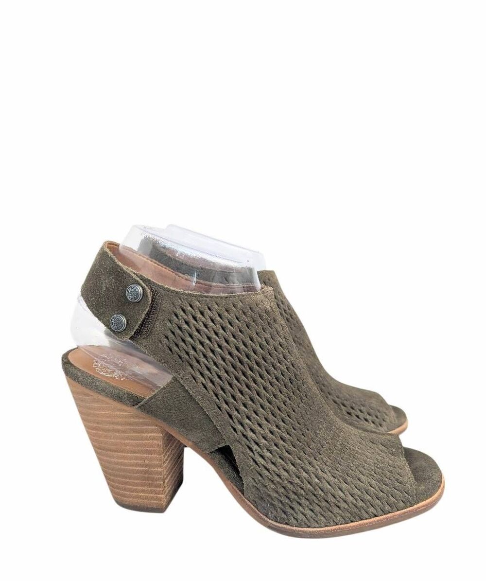 Vince Camuto Jace Olive green suede lazercut open toe slingback bootie heels 7.5